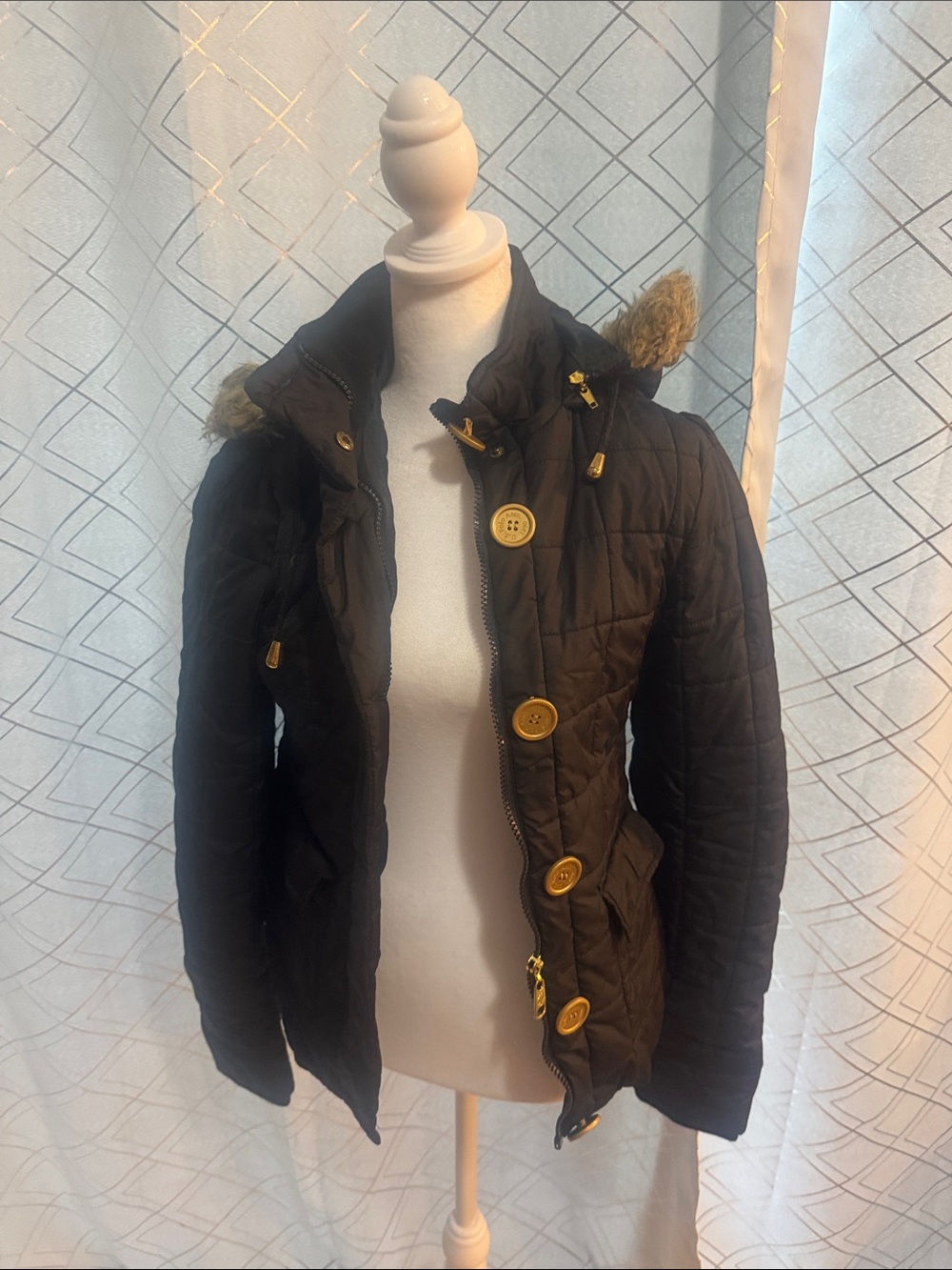 U.S. Polo Assn. Black Quilted Puffer Jacket with Faux Fur Hood Trim